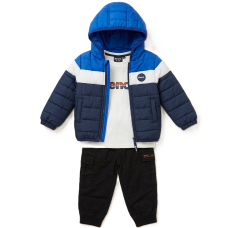 E08071: Boys Bench Puffer Coat, Top & Cargo Pant Outfit (18 Months-5 Years)
